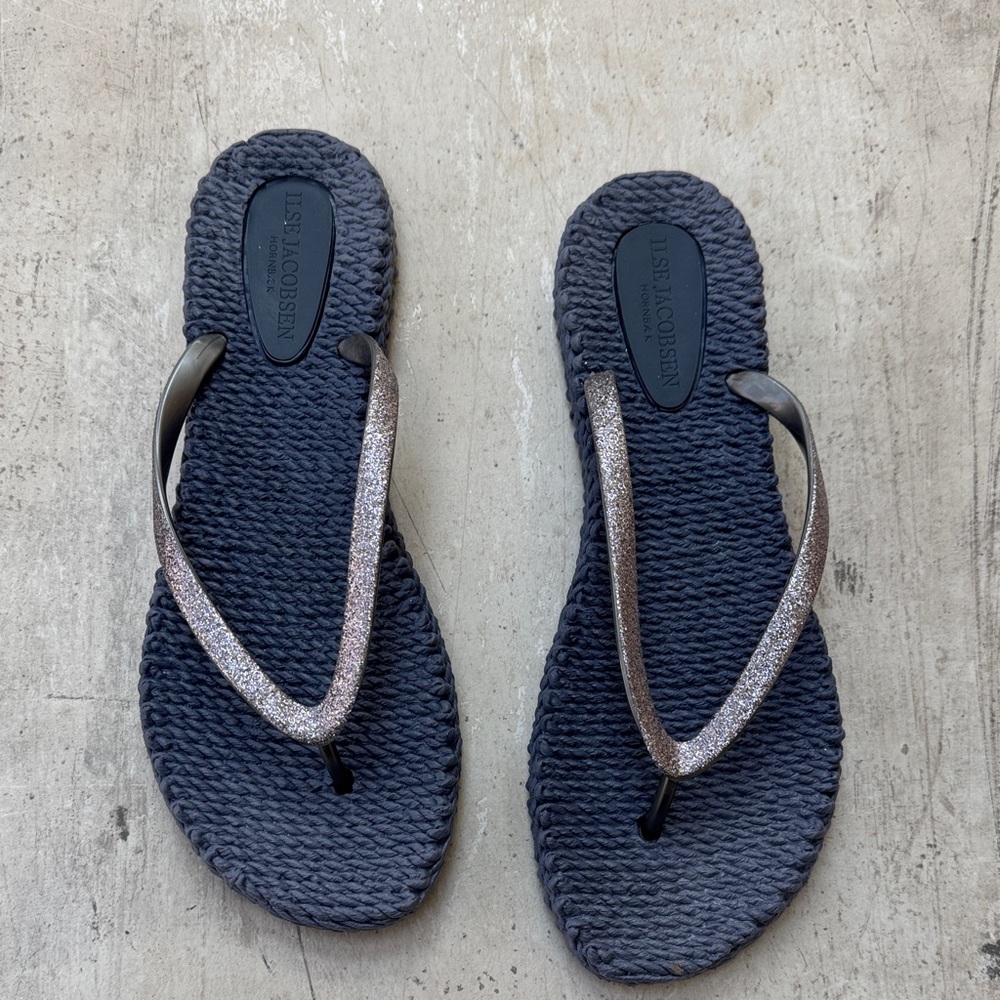 Ilse Jacobsen Navy Woven Flip-Flop with Glittery Silver Straps